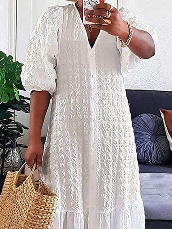 Solid V-Neck Button Pleated Casual Dress