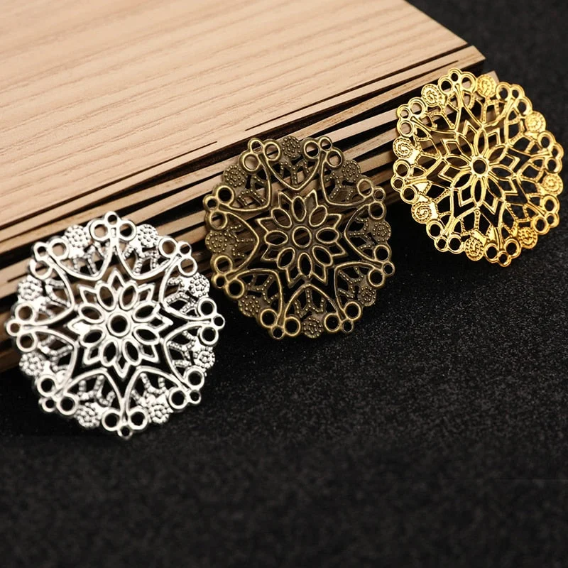 50 Pcs Hollow Out Filigree Flower Wraps Connectors Iron Alloy Bronze Charm Findings For DIY Jewelry Making Components 3.6CM