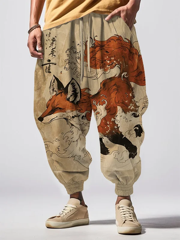 Men's Fox in Japanese Art Print Loose Drawstring Waist Sweatpants