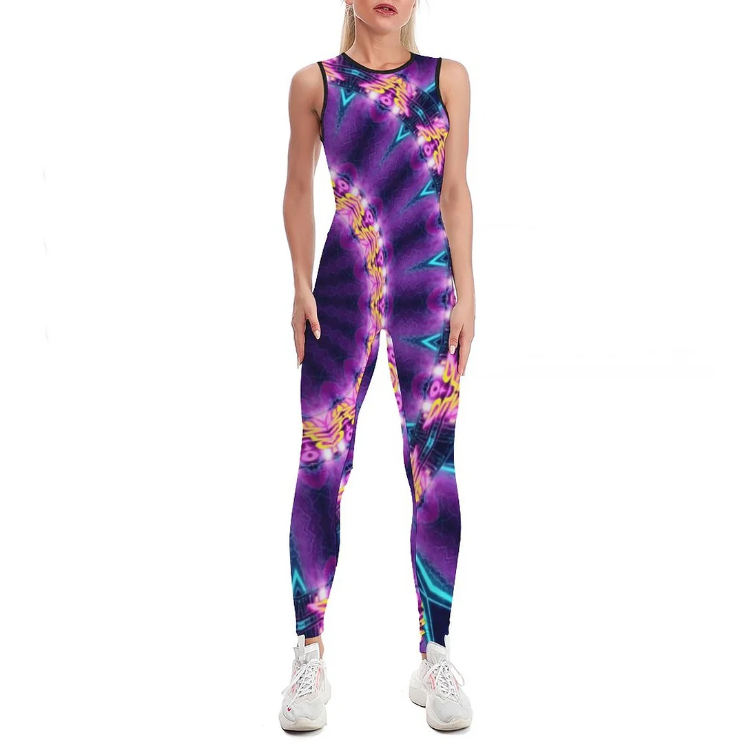 Cosmic Neon Sunflower Blacklight Rave Mandala Bodycon Tank One Piece Jumpsuits Long Pant Retro Yogas Playsuit for Women