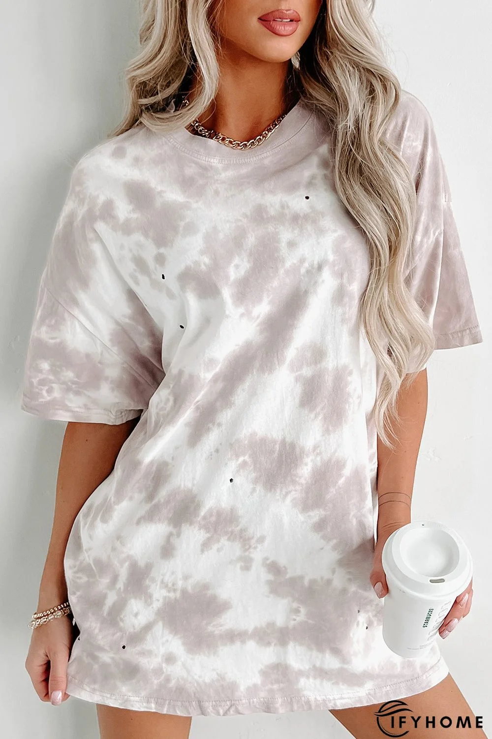 White Tie-dye Round Neck Short Sleeve Top | IFYHOME