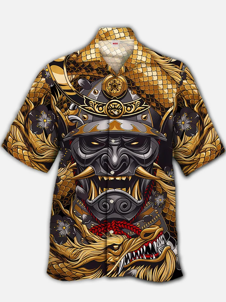 Eye-Catching Black And Gold Samurai Fang Mask And Dragon Totem Printing Cuban Collar Hawaiian Short Sleeve Shirt BestDVibe