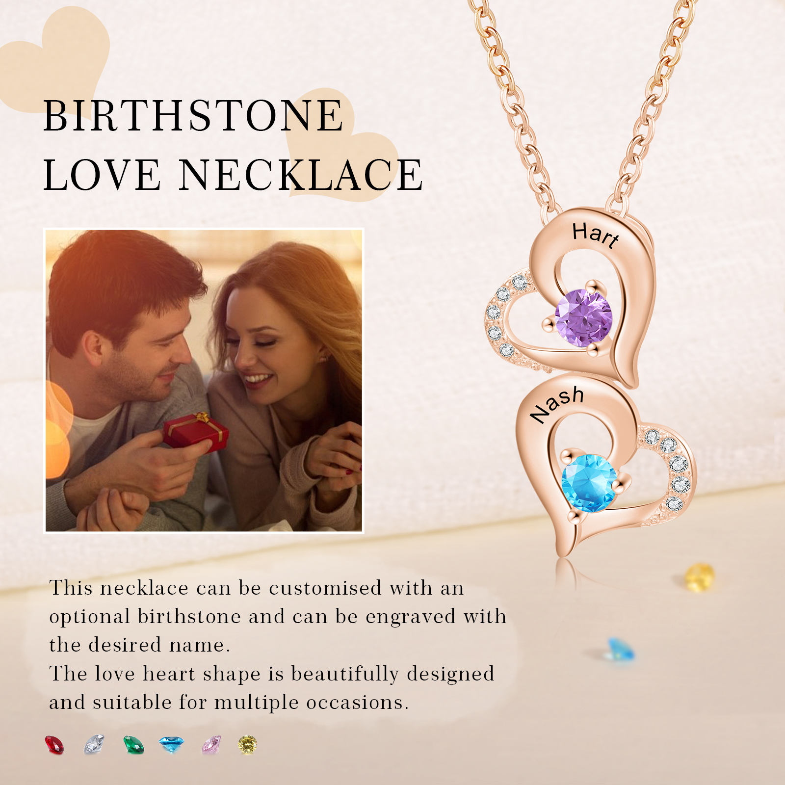 2 Names - Personalised Heart Pendant Necklace Custom Birthstones & Names Necklace Birthday Gift for Her-Jessemade AU