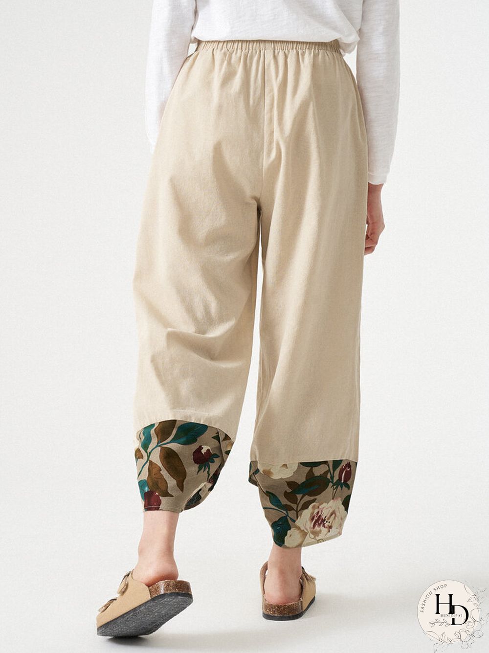 Women Leaves Stitch Elastic Waist Pocket Crop Pants