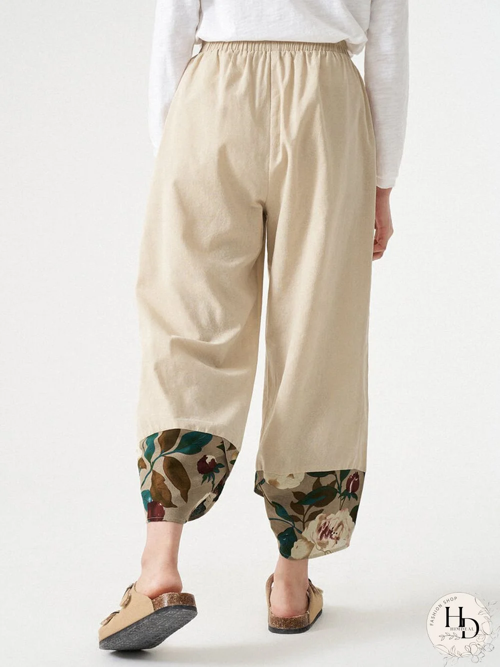 Women Leaves Stitch Elastic Waist Pocket Crop Pants