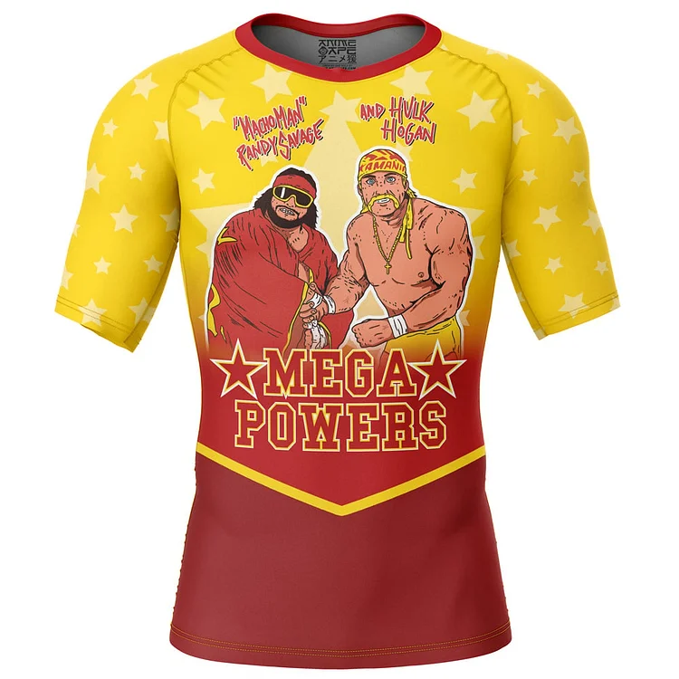 Mega Powers Macho Man and Hulk Hogan Pop Culture Short Sleeve Rash Guard Compression Shirt