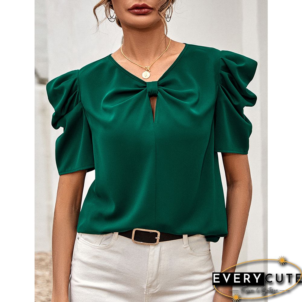 Green Twist Keyhole Puff Short Sleeve Tops