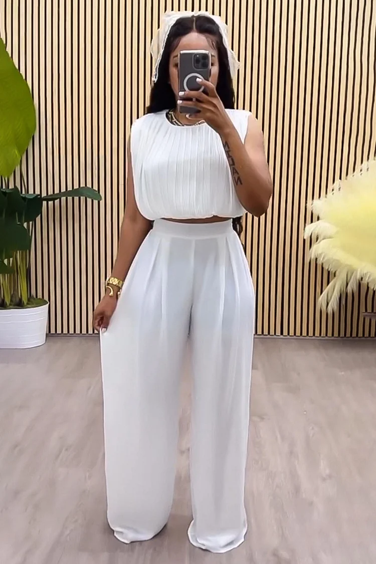Pleated Sleeveless Top High-Rise Wide Leg Pants 2pcs Set-White [Pre Order]