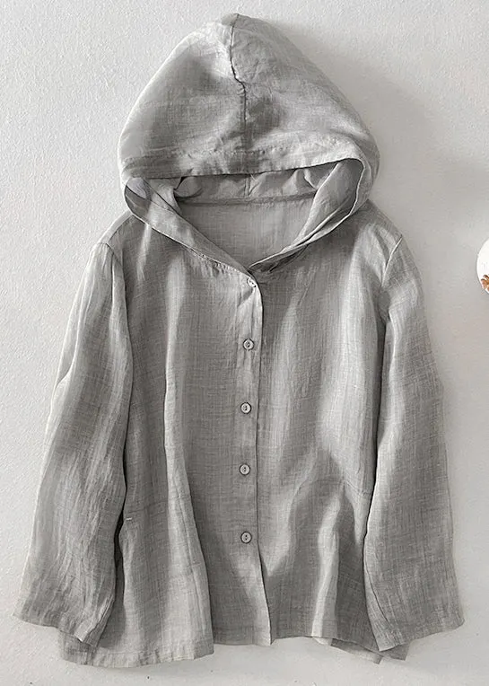 Simple Pink Hooded Button Pockets Cotton Shirt Fall