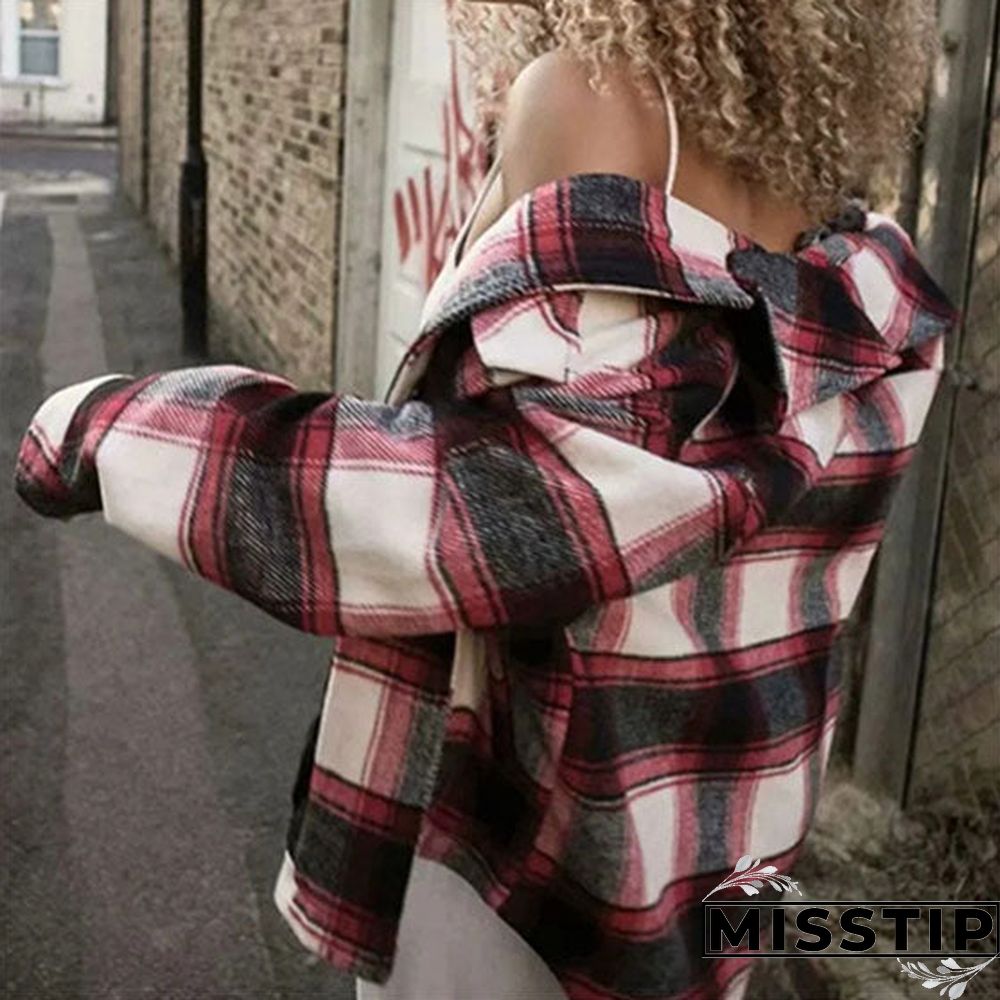 Classic Thick Colorblock Checked Button Down Shirt Jacket Woolen