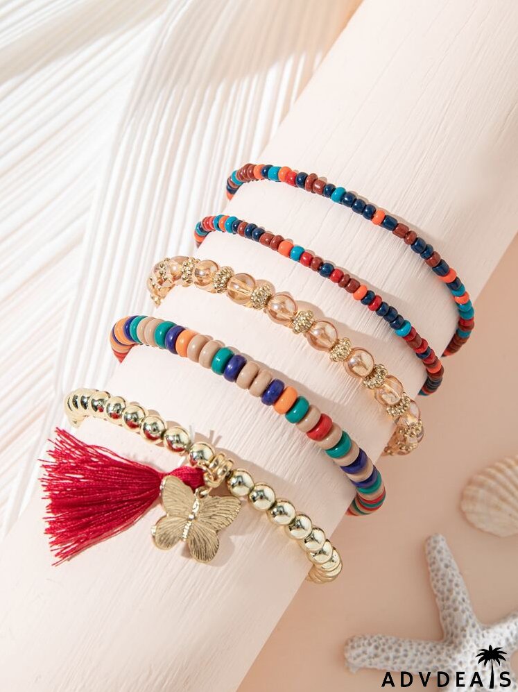 5pcs Butterfly & Tassel Charm Beaded Bracelet