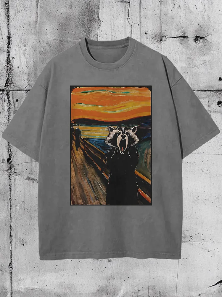 Men's Raccoon Scream Print Cotton Washed T-Shirt