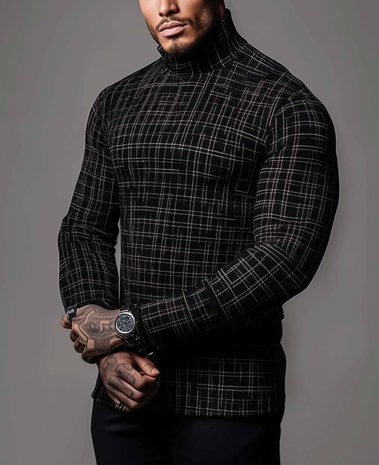 Okaywear High Neck Long Sleeve Plaid Knitted Base Shirt