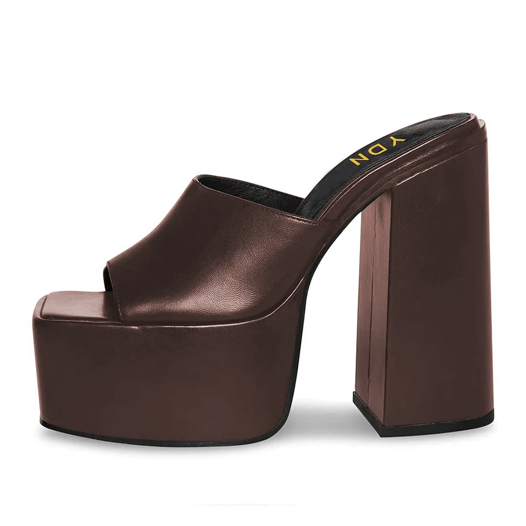 Dark Brown Vegan Leather Wide Band Platform Mules with Block Heels