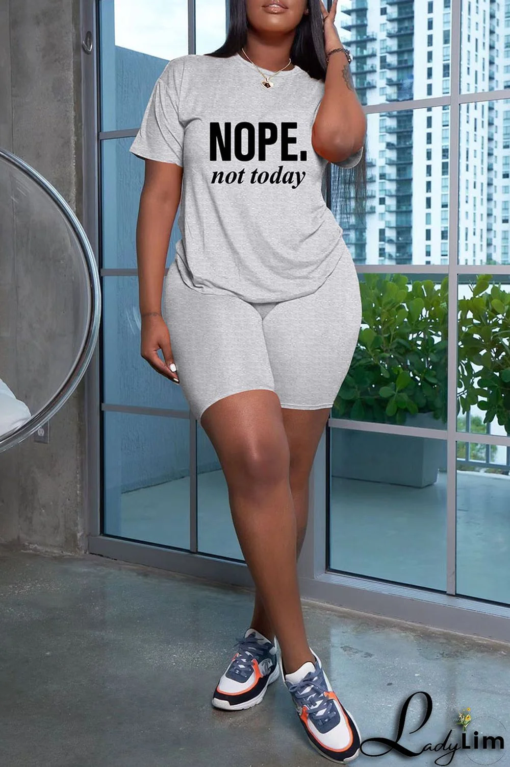 Grey Fashion Casual Letter Print Basic O Neck Short Sleeve Two Pieces