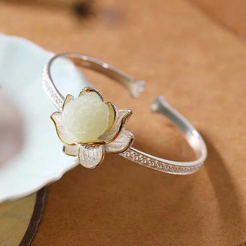 White Jade Lotus Flower Blessing Bracelet Bangle