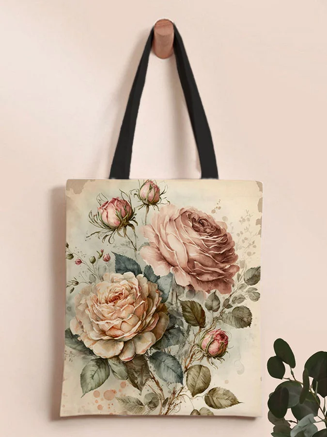 Retro Chic Rose Print Shoulder Canvas Bag