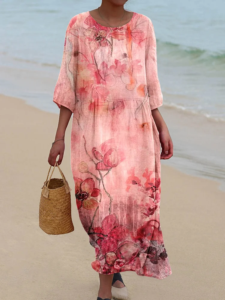 Womens Impressionist  Watercolor Art Flowers  Pattern Pocket Cotton Dress