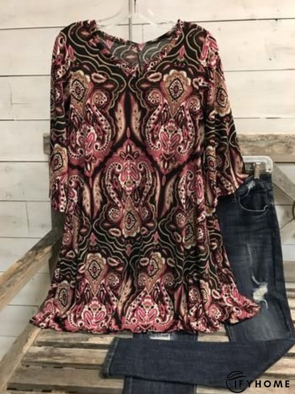 Casual 3/4 Sleeve V Neck Printed Tunic Top | IFYHOME