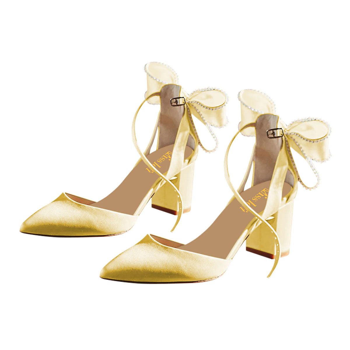 Yellow Satin Pearls Bow Pointed Toe Chunky Heel Buckle Pumps for Women Nicepairs