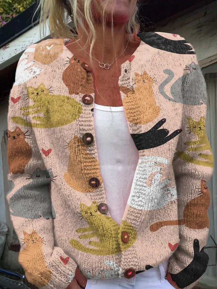 Cute Smiling Cats Decorative Pattern Buttoned Cardigan Sweater