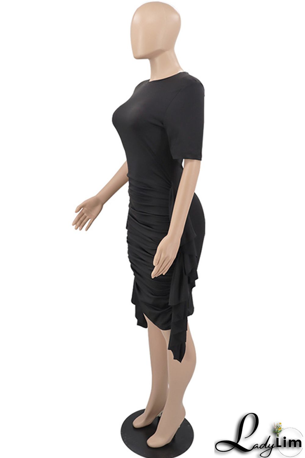 Pink Fashion Casual Solid Patchwork Fold O Neck Short Sleeve Dress