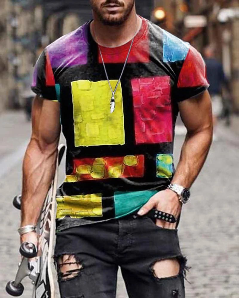 Casual Multicolor Plaid T-shirt Printing Round Neck