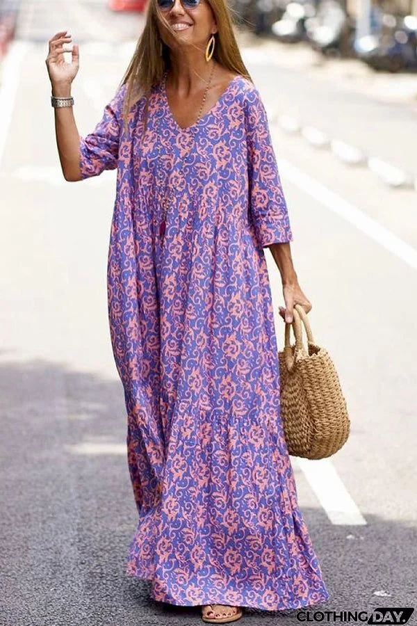 Fashion Pattern Printed Half Sleeve Loose Swing Maxi Dresse