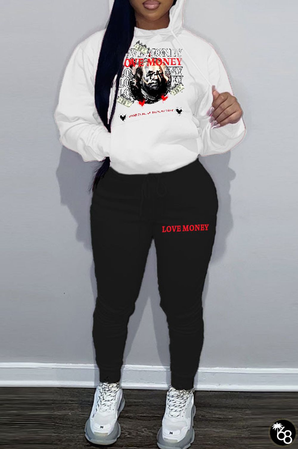 White Casual Street Sportswear Figure Patchwork Draw String Pocket Contrast Hooded Collar Plus Size Two Pieces | 168DEAL