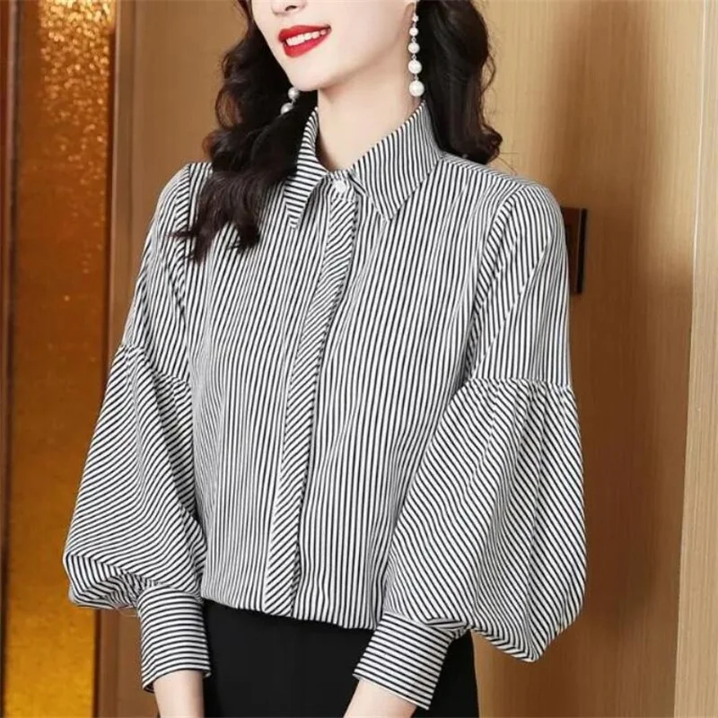 Cotton Striped Blouse Female Shirt Polo collar Long Lantern Sleeve Women Blouse Loose Elegant Button Top Office Ladies Shirt