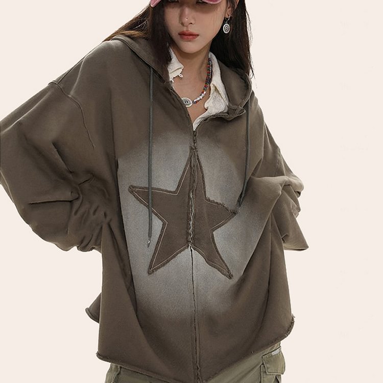 Retro Zip Up Star Patch Women's Hoodie Top