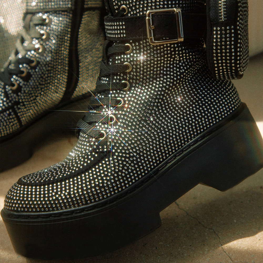 Black Round Toe Platform Rhinestone Lace Up Boots with Pocket Nicepairs