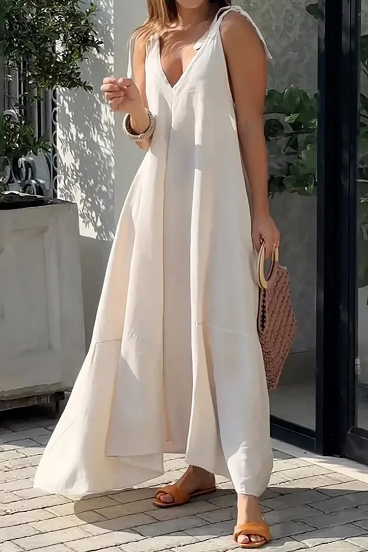 Tied Up Straps Deep V Neck Irregular Hem Vacation Loose Maxi Dress