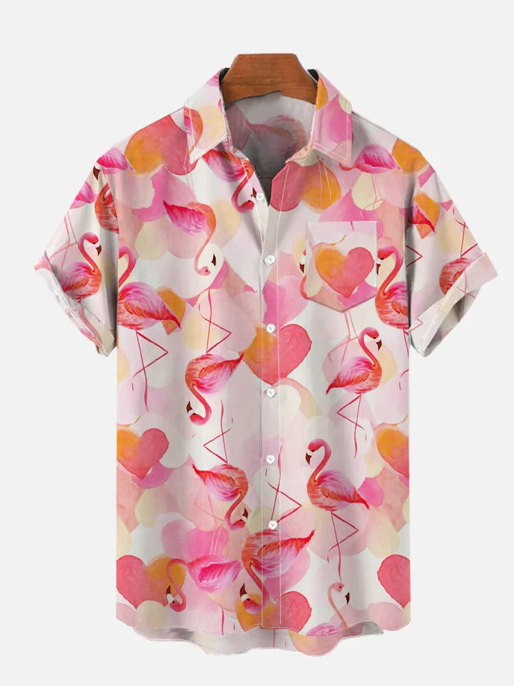 Men's Hawaiian Casual Summer Flamingo Short Sleeve Shirt PLUSCLOTHESMAN