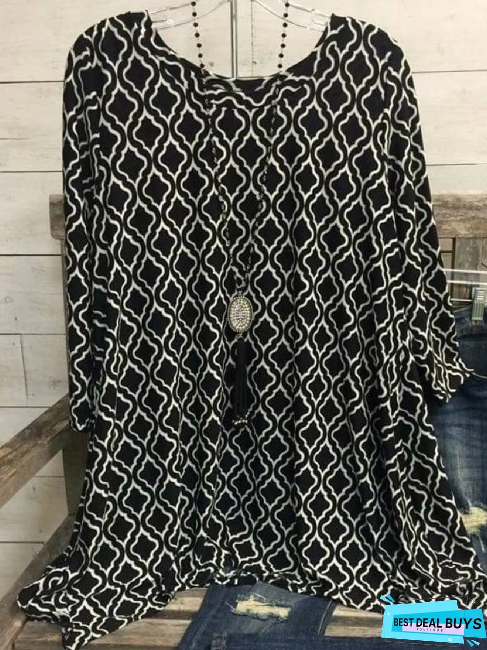 3/4 Sleeve Floral-Print Geometric Crew Neck T-shirt