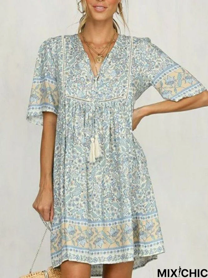 Light Blue Half Sleeve Cotton-Blend Dresses