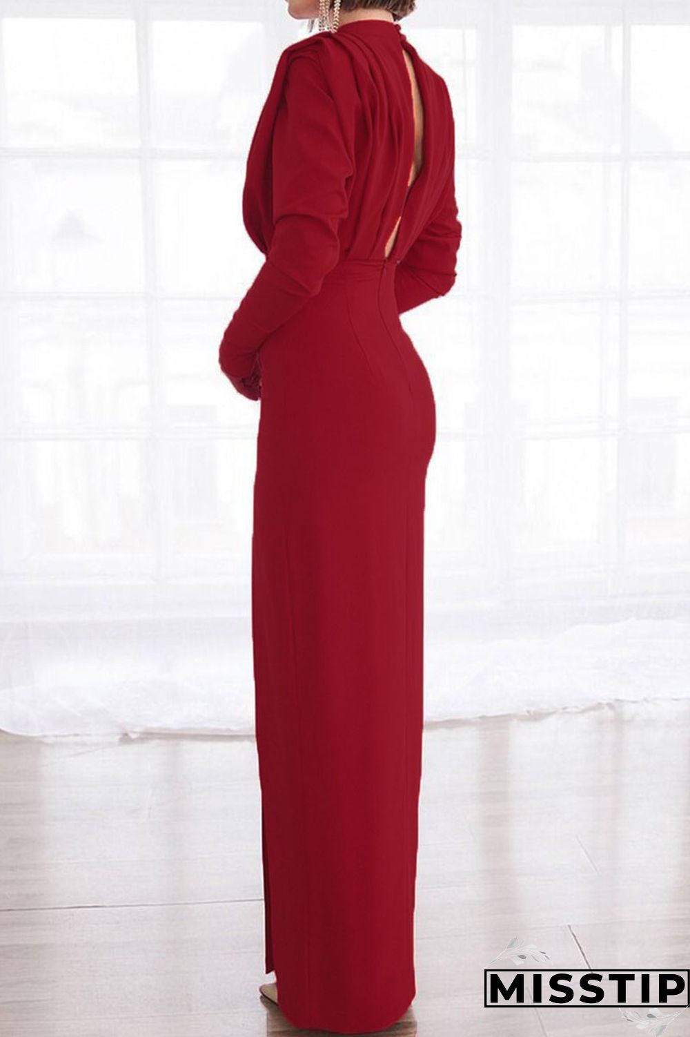 Black Elegant Solid Patchwork Backless Slit Fold O Neck Straight Dresses