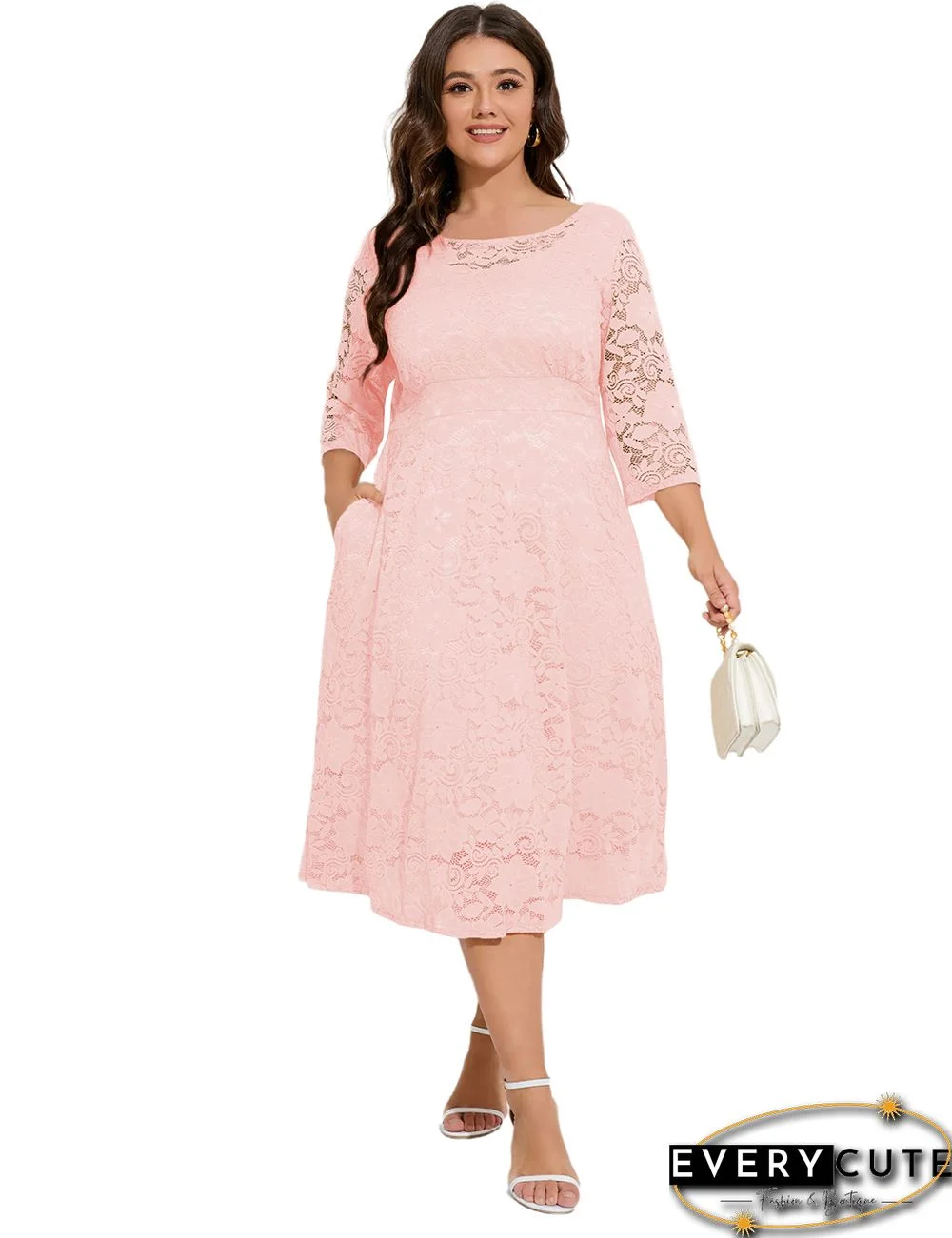 Pink Hollow-out Pocketed Lace Plus Size Dress