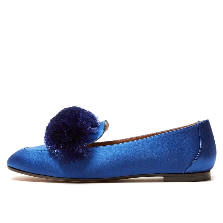 Royal Blue Square Toe Pom Pom Shoes Comfortable Loafers for Women |FSJ Shoes