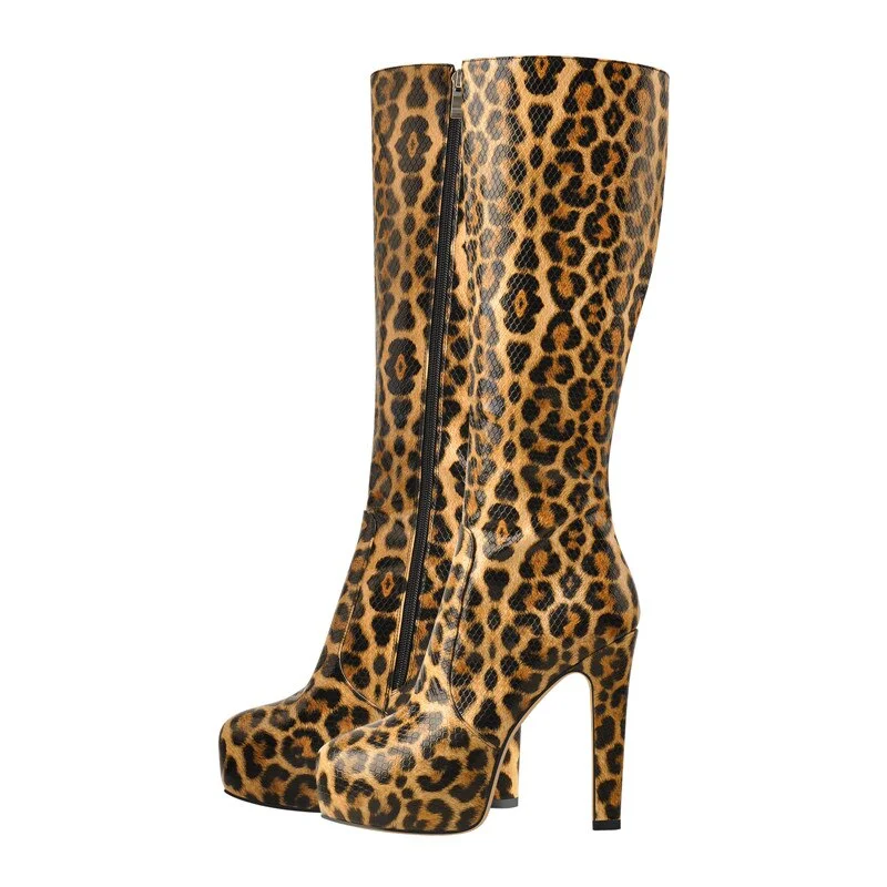 Onlymaker Women Knee High Boots Round Toe Black Matte Leopard White Side Zipper Winter Fashion Party Dress Big Size Boots
