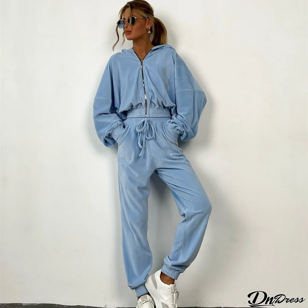 Women Solid Casual long-sleeved Hoodies and PantTwo Piece Set