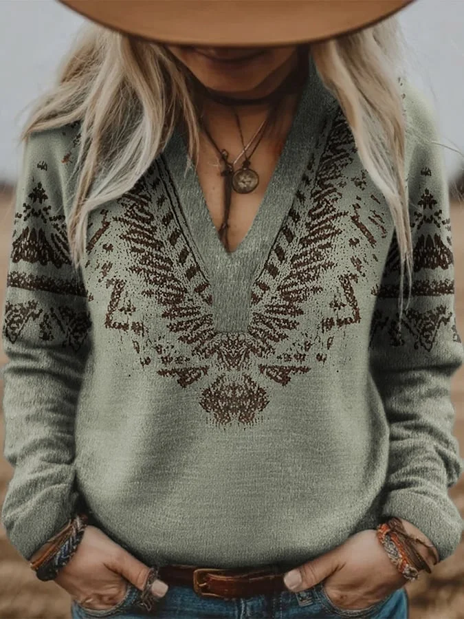Women's Retro Western Art Print Sweater 