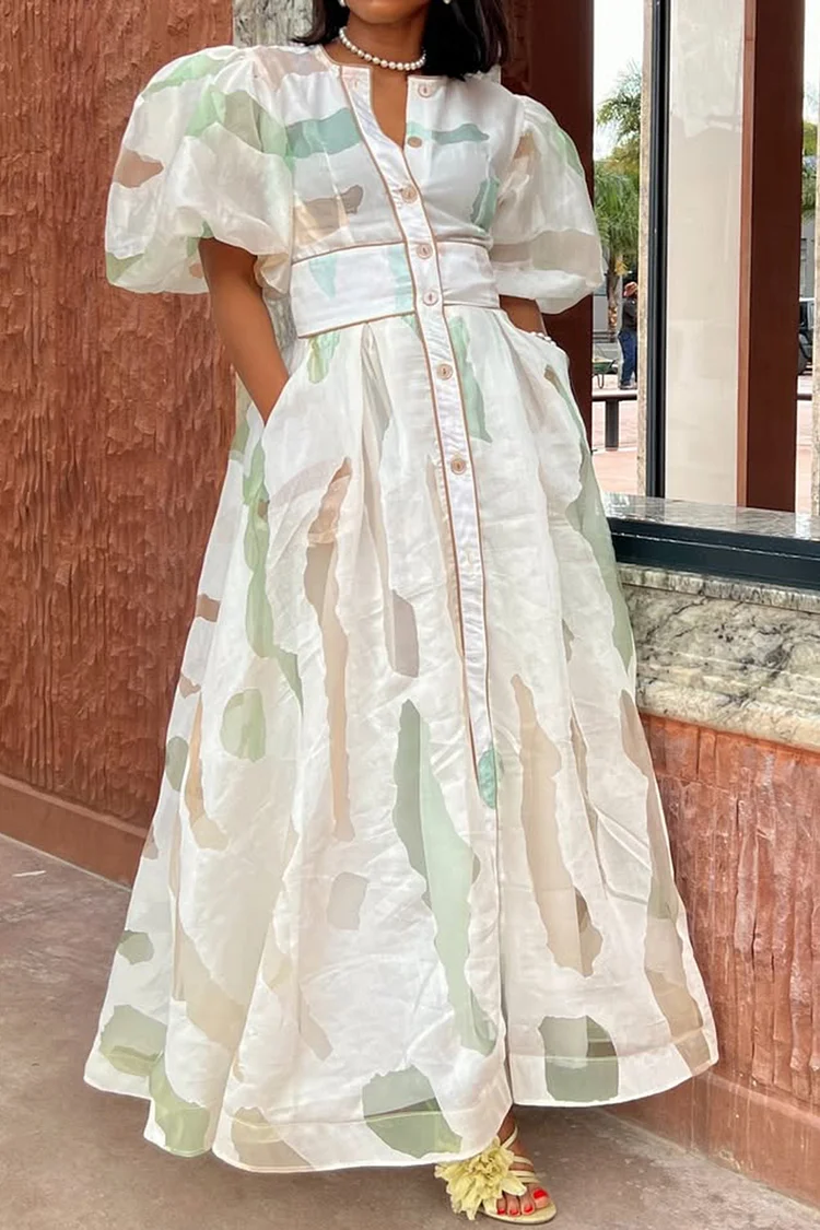 Plus Size Cocktail Party White Graphic Round Neck Puff Sleeve Short Sleeve Pocket Button Organza Maxi Dresses [Pre-Order] 2024 - Xpluswear