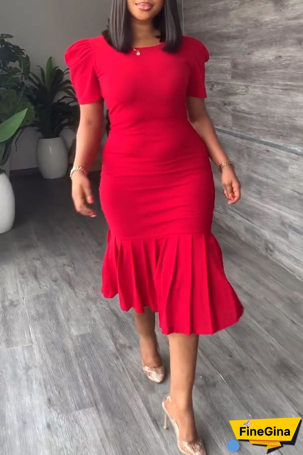 Red Casual Solid Basic O Neck Short Sleeve Dress