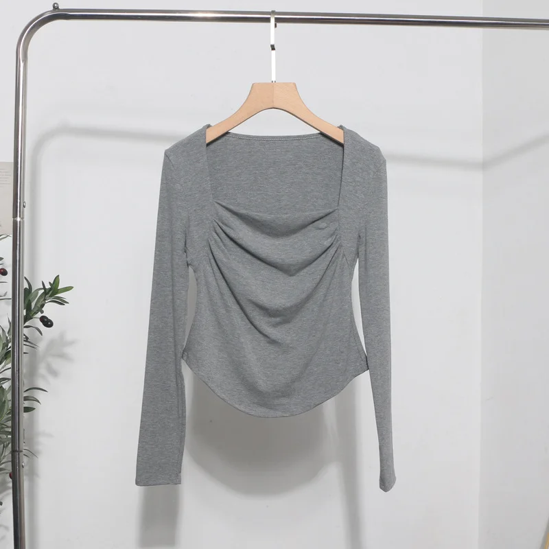 Brownm French Style Long-Sleeved T-Shirt Girl Autumn And Winter Collar Folded Folded Body Inside The Bottom Shirt Top 1665