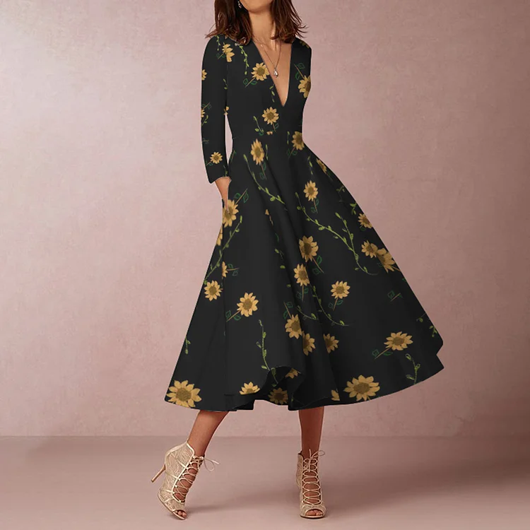 Vefave Casual Sunflower Contrast Print Long Sleeve Midi Dress