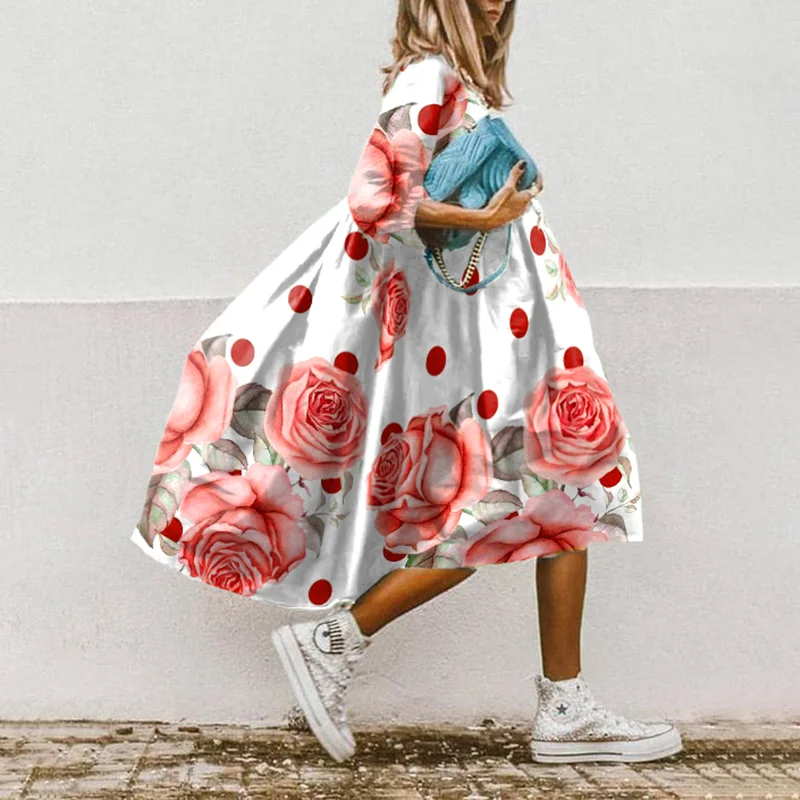 Polka-Dot Rose Print Midi Dress
