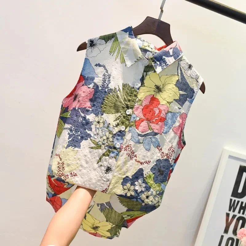 ins trendy sleeveless printed shirt female large size 2021 summer new Korean fashion loose casual retro western floral blouse