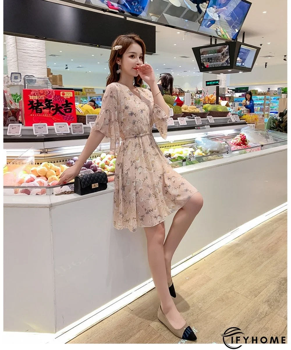 Spring Summer Chiffon Women V-Neck Floral Print Short Dresses Sweet Ruffle Sleeeve Slim Drawstring Ladies Dress | IFYHOME