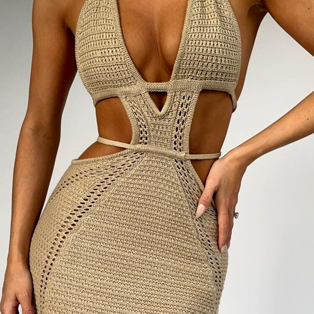 Ootddress Female Knit Lace-Up Maxi dress Backless Slim Fashion Beach Outfits Y2k Dress Hollow Out Bandage Knitwear Party Women Dress